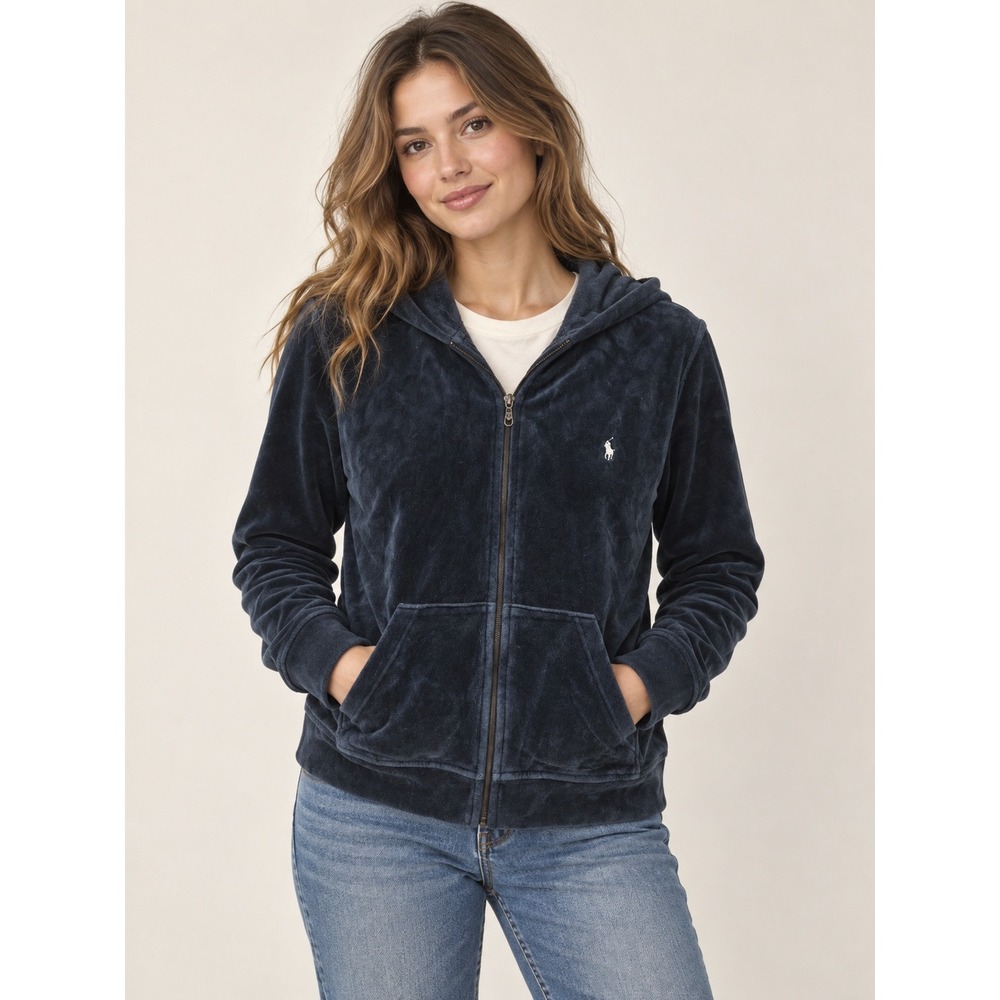 Ralph Lauren Velour Full-Zip Hoodie Women Size M Navy Blue Y2K Loungewear